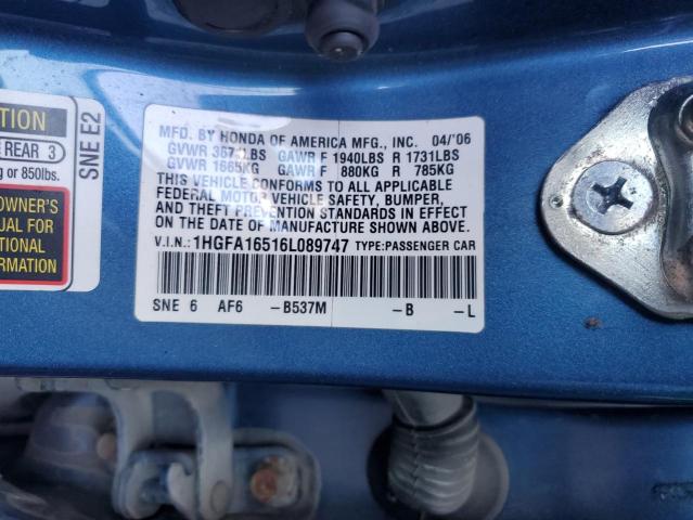 1HGFA16516L089747 - 2006 HONDA CIVIC LX BLUE photo 12