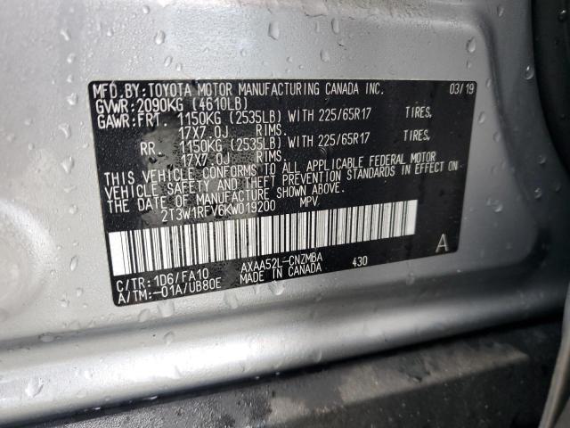 2T3W1RFV6KW019200 - 2019 TOYOTA RAV4 XLE SILVER photo 13