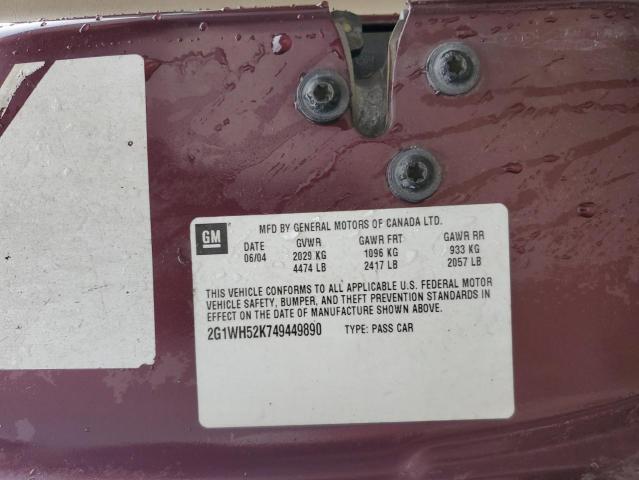 2G1WH52K749449890 - 2004 CHEVROLET IMPALA LS BURGUNDY photo 12