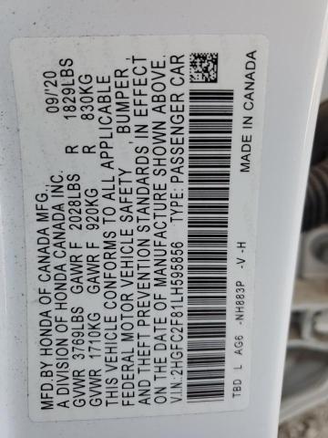 2HGFC2F81LH595856 - 2020 HONDA CIVIC SPORT WHITE photo 12