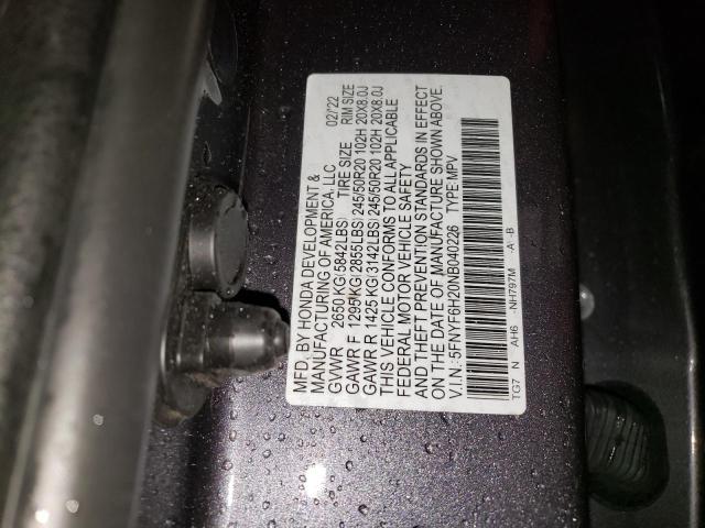 5FNYF6H20NB040226 - 2022 HONDA PILOT SE GRAY photo 13