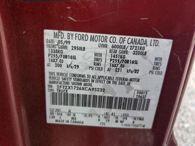 2FTZX1726XCA95232 - 1999 FORD F150 MAROON photo 12
