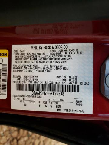 3FA6P0H93GR129598 - 2016 FORD FUSION SE RED photo 12