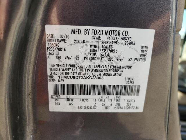 1FMCU9D72AKC28063 - 2010 FORD ESCAPE XLT GRAY photo 14