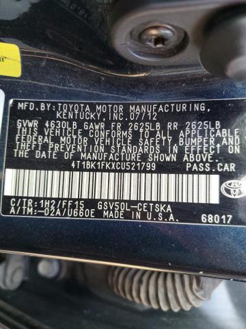 4T1BK1FKXCU521799 - 2012 TOYOTA CAMRY SE CHARCOAL photo 12