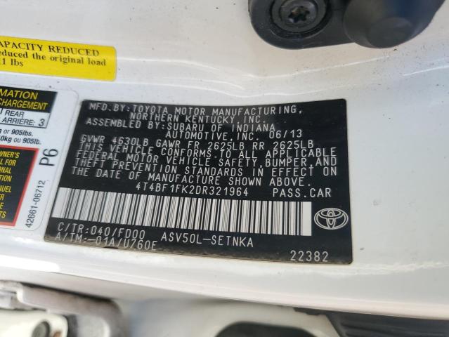 4T4BF1FK2DR321964 - 2013 TOYOTA CAMRY L WHITE photo 13