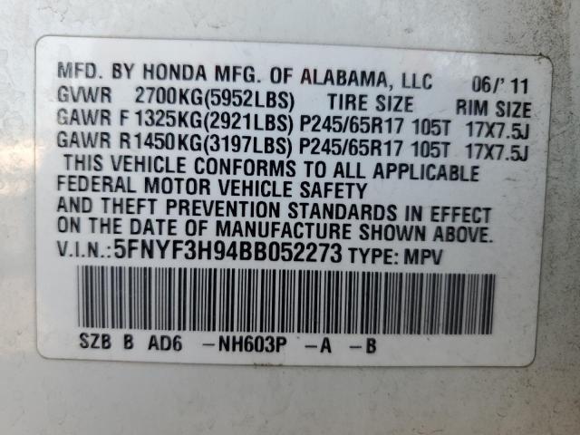 5FNYF3H94BB052273 - 2011 HONDA PILOT TOURING WHITE photo 13