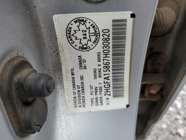 2HGFA15867H030820 - 2007 HONDA CIVIC EX SILVER photo 12