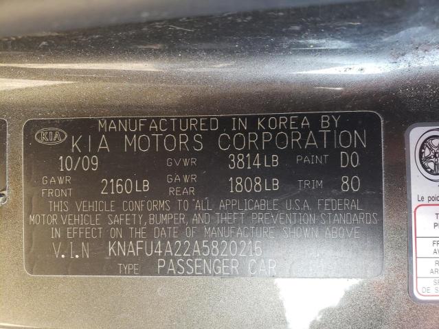 KNAFU4A22A5820216 - 2010 KIA FORTE EX GRAY photo 12