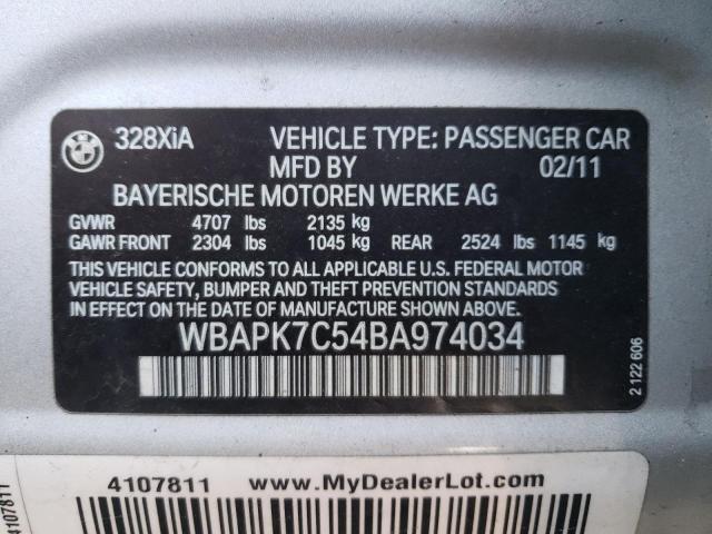 WBAPK7C54BA974034 - 2011 BMW 328 XI SILVER photo 13