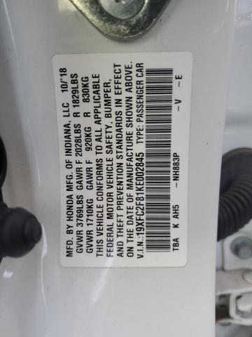 19XFC2F81KE002845 - 2019 HONDA CIVIC SPORT WHITE photo 12
