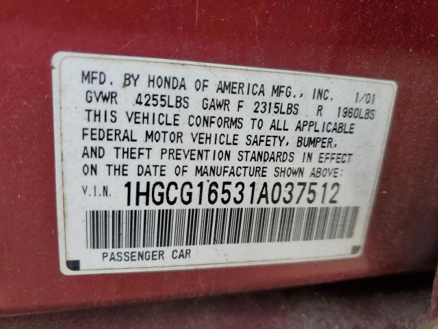 1HGCG16531A037512 - 2001 HONDA ACCORD EX RED photo 12