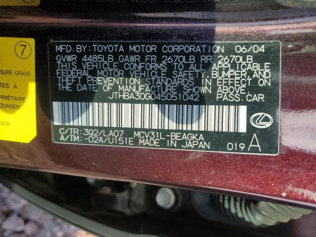 JTHBA30G045051042 - 2004 LEXUS ES 330 BURGUNDY photo 12