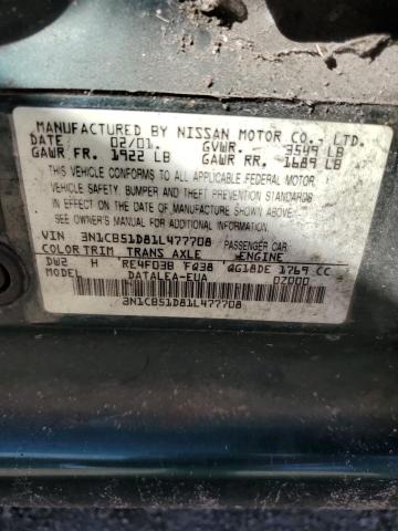 3N1CB51D81L477708 - 2001 NISSAN SENTRA XE GREEN photo 12