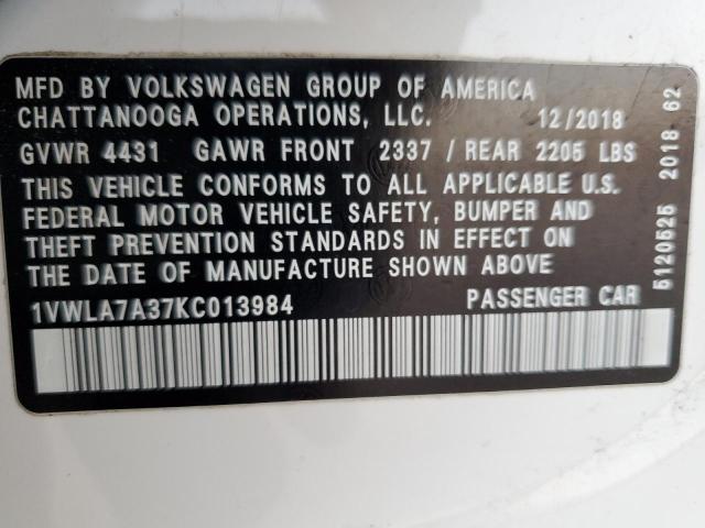 1VWLA7A37KC013984 - 2019 VOLKSWAGEN PASSAT WOLFSBURG WHITE photo 12