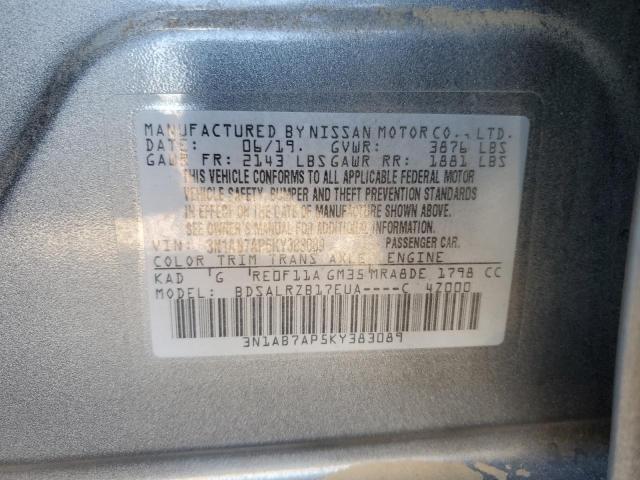 3N1AB7AP5KY383089 - 2019 NISSAN SENTRA S GRAY photo 12