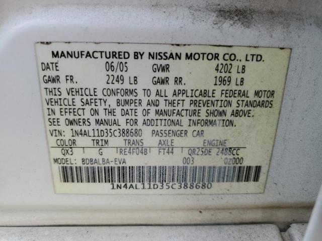 1N4AL11D35C388680 - 2005 NISSAN ALTIMA S WHITE photo 12