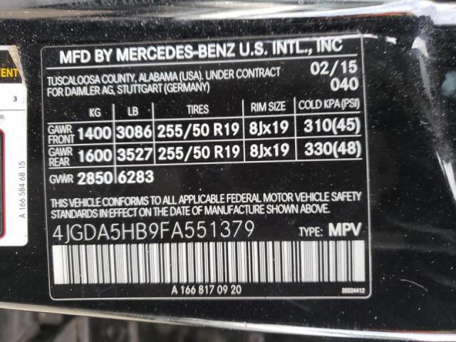 4JGDA5HB9FA551379 - 2015 MERCEDES-BENZ ML 350 4MATIC BLACK photo 12