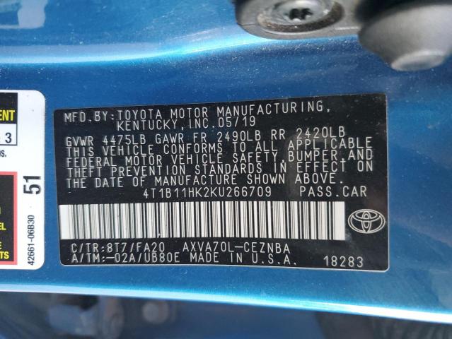 4T1B11HK2KU266709 - 2019 TOYOTA CAMRY L BLUE photo 12