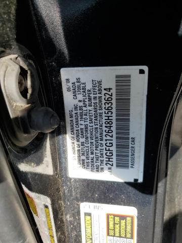 2HGFG12648H563624 - 2008 HONDA CIVIC LX BLACK photo 12