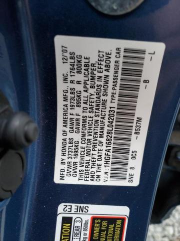 1HGFA16828L042031 - 2008 HONDA CIVIC EX BLUE photo 12