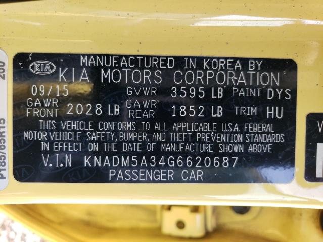 KNADM5A34G6620687 - 2016 KIA RIO LX YELLOW photo 12