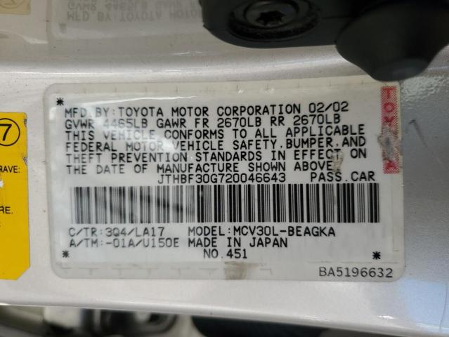 JTHBF30G720046643 - 2002 LEXUS ES 300 SILVER photo 12