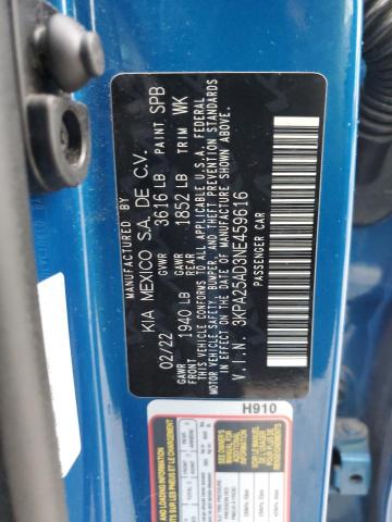 3KPA25AD3NE459616 - 2022 KIA RIO S BLUE photo 12