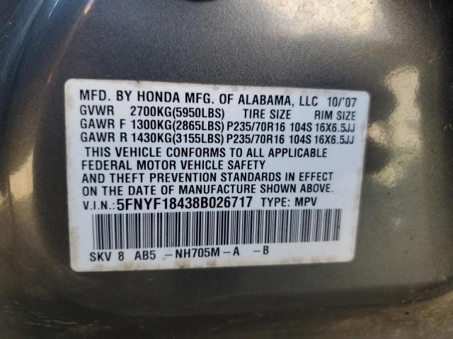 5FNYF18438B026717 - 2008 HONDA PILOT EX GRAY photo 13