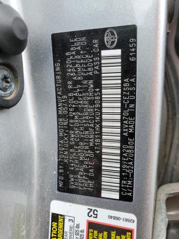 4T1B11HK1KU790854 - 2019 TOYOTA CAMRY L SILVER photo 12