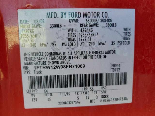 1FTRW12W98FB71089 - 2008 FORD F150 SUPERCREW RED photo 12