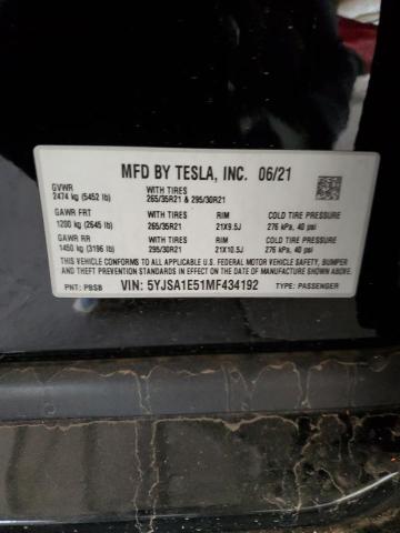 5YJSA1E51MF434192 - 2021 TESLA MODEL S შავი ფოტო 12