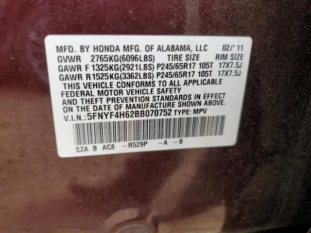 5FNYF4H62BB070752 - 2011 HONDA PILOT EXL MAROON photo 13