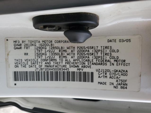 JTJBT20X450083445 - 2005 LEXUS GX 470 WHITE photo 12