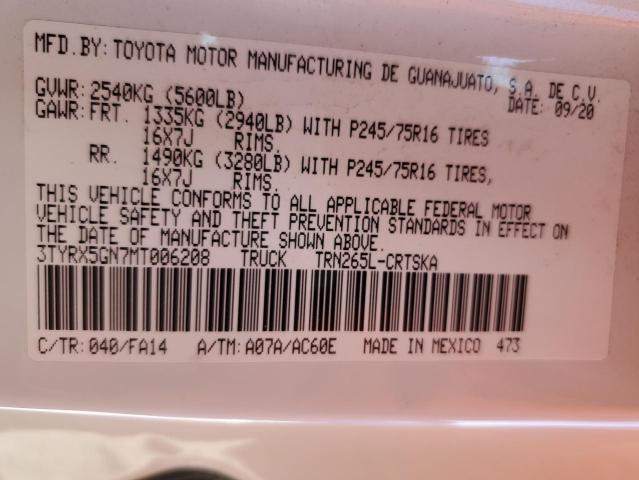 3TYRX5GN7MT006208 - 2021 TOYOTA TACOMA ACCESS CAB WHITE photo 13