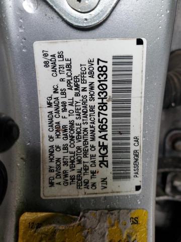 2HGFA16578H301387 - 2008 HONDA CIVIC LX SILVER photo 12