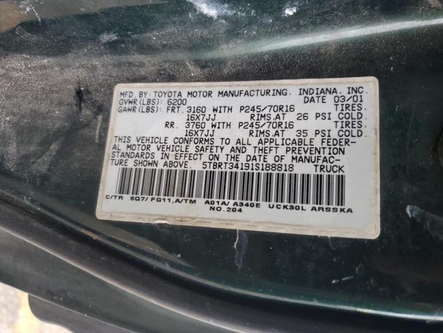 5TBRT34191S188818 - 2001 TOYOTA TUNDRA ACCESS CAB მწვანე ფოტო 12