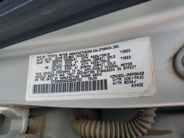 5TEGN92N02Z899720 - 2002 TOYOTA TACOMA DOUBLE CAB PRERUNNER SILVER photo 12