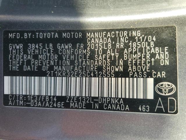 2T1KR32E25C412555 - 2005 TOYOTA COROLLA MA XR GRAY photo 12