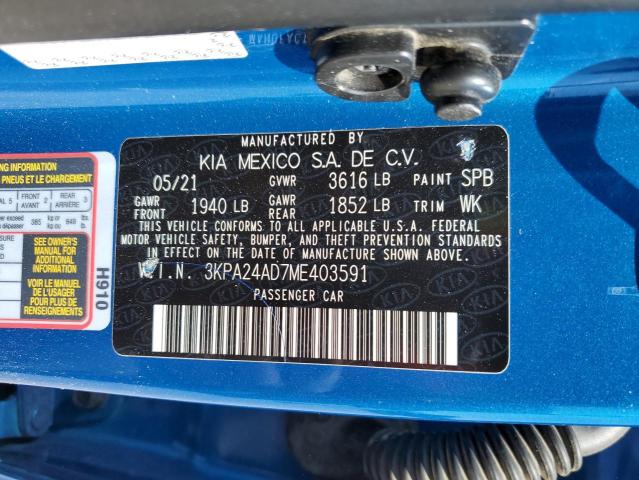 3KPA24AD7ME403591 - 2021 KIA RIO LX BLUE photo 13