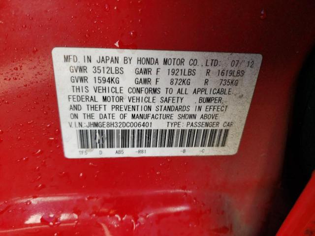 JHMGE8H32DC006401 - 2013 HONDA FIT RED photo 12
