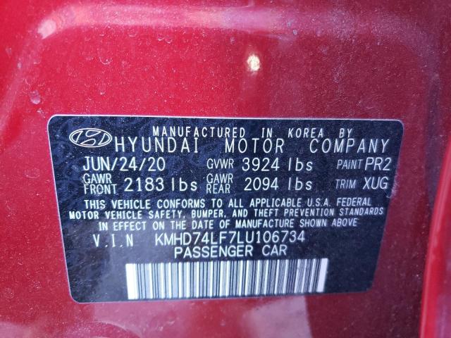 KMHD74LF7LU106734 - 2020 HYUNDAI ELANTRA SE RED photo 12