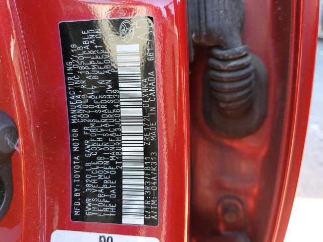 2T1BURHE3JC064039 - 2018 TOYOTA COROLLA L RED photo 12