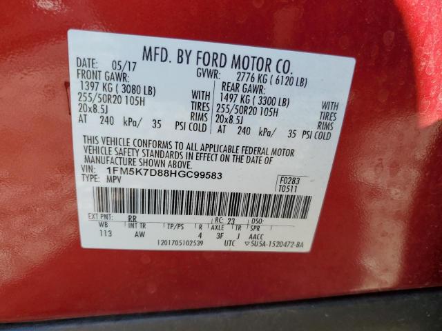 1FM5K7D88HGC99583 - 2017 FORD EXPLORER XLT RED photo 13