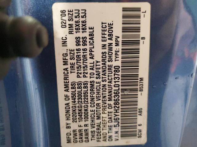 5J6YH28636L013780 - 2006 HONDA ELEMENT EX BLUE photo 12