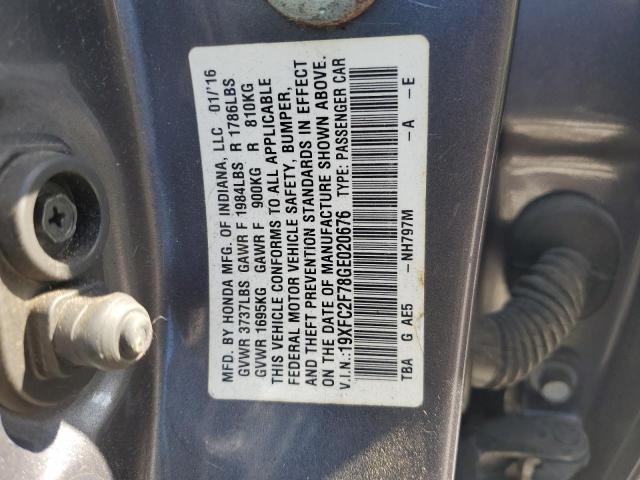 19XFC2F78GE020676 - 2016 HONDA CIVIC EX GRAY photo 12