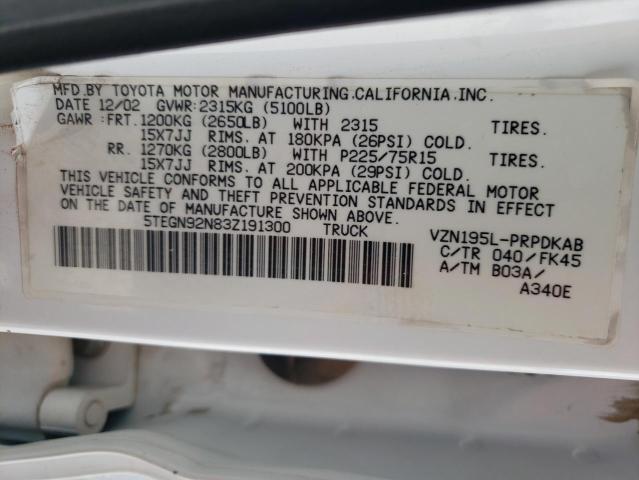 5TEGN92N83Z191300 - 2003 TOYOTA TACOMA DOUBLE CAB PRERUNNER WHITE photo 12