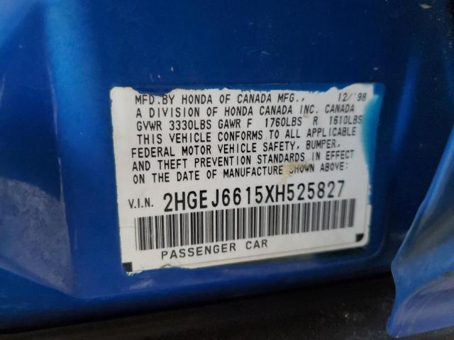 2HGEJ6615XH525827 - 1999 HONDA CIVIC BASE Mavi foto 12