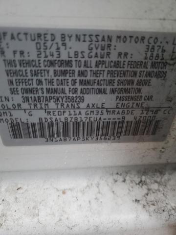 3N1AB7AP5KY358239 - 2019 NISSAN SENTRA S WHITE photo 12