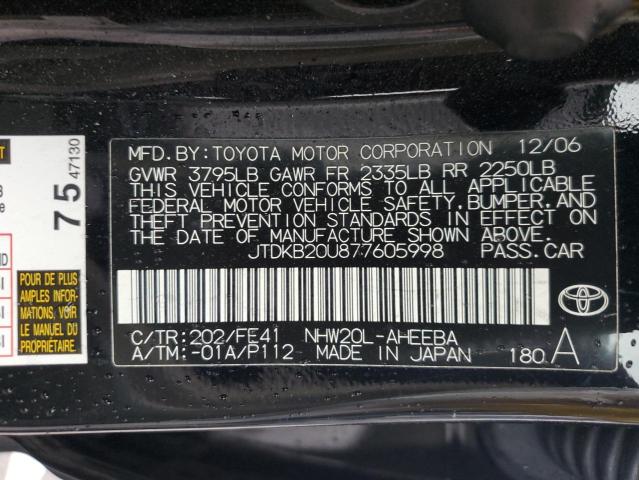 JTDKB20U877605998 - 2007 TOYOTA PRIUS BLACK photo 12